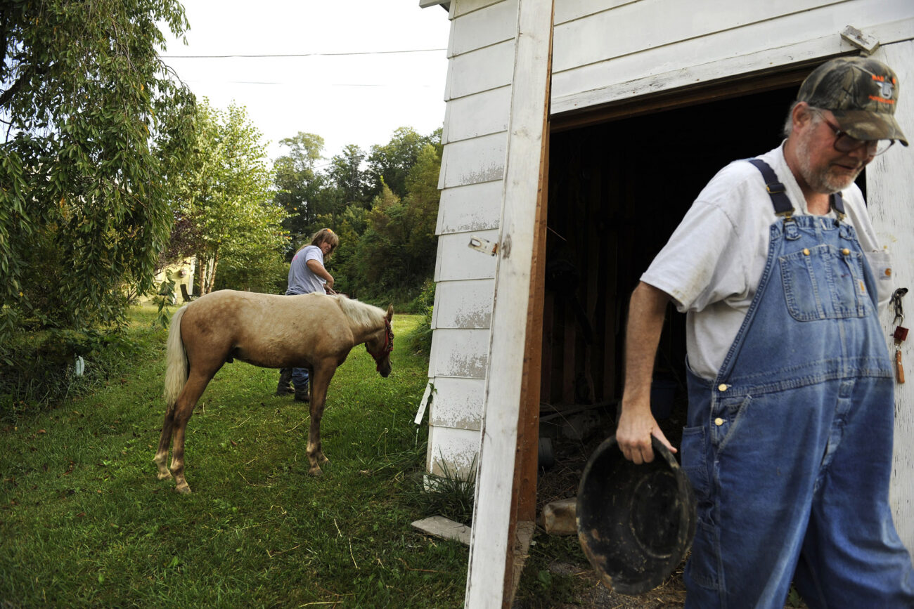 Charlene takes her horse Doc to graze on fresh grass while Jim refills Doc's water and grain bucket. Jim is in the process of recovering from heart failure last month and isn't able to do much of the work around the house.