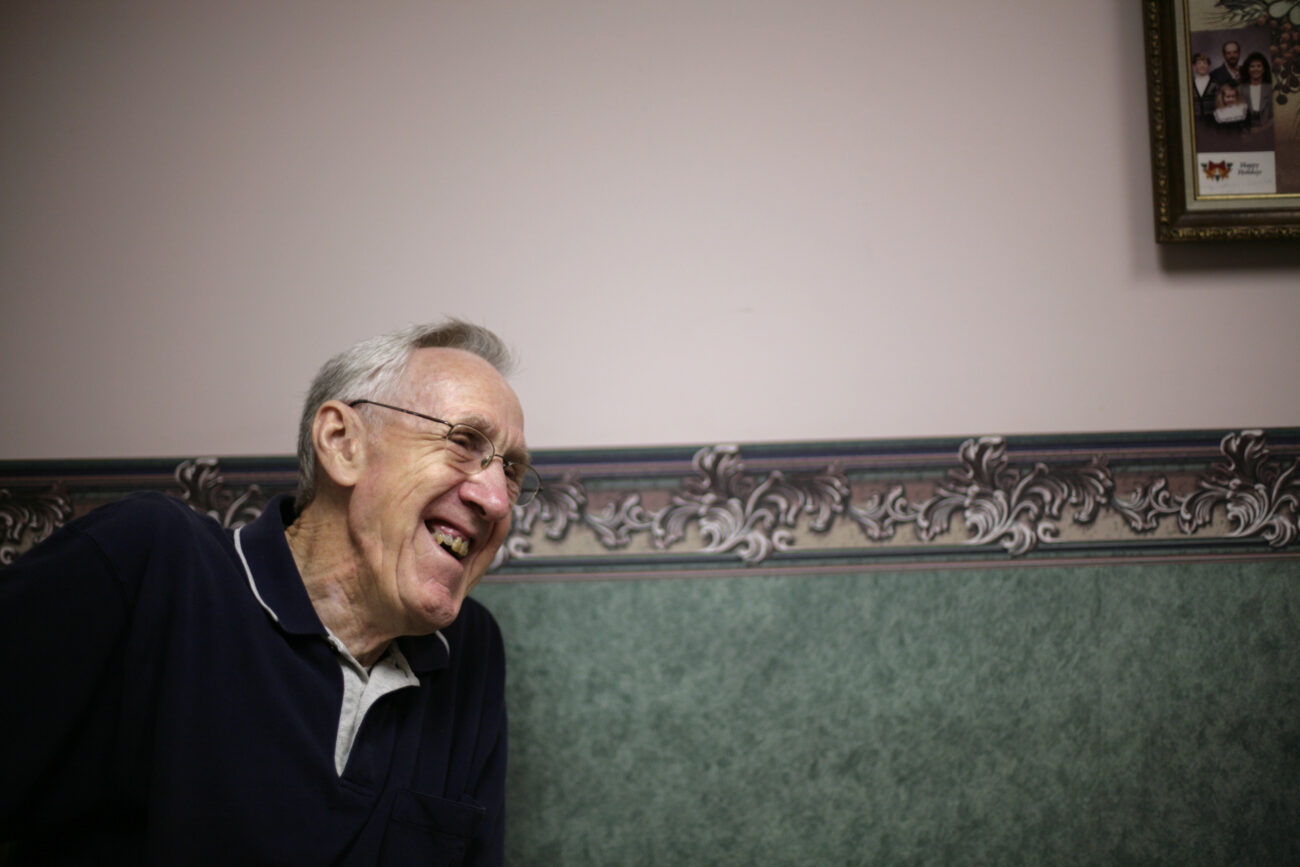 Bob Thacker, 81, laughs while talking with his sister and former business partner, Janice Grigsby, 86, at the office where the two used to work on Thursday, Sept. 17, 2009.