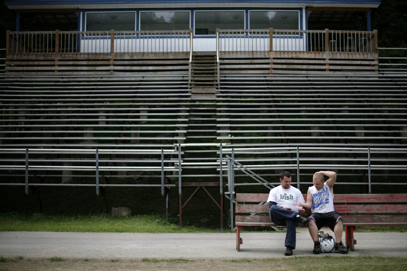 Freshman linebacker Dougie Waddles, right, talks with Coach Fitzpatrick after practice on Thursday, Sept. 17, 2009.