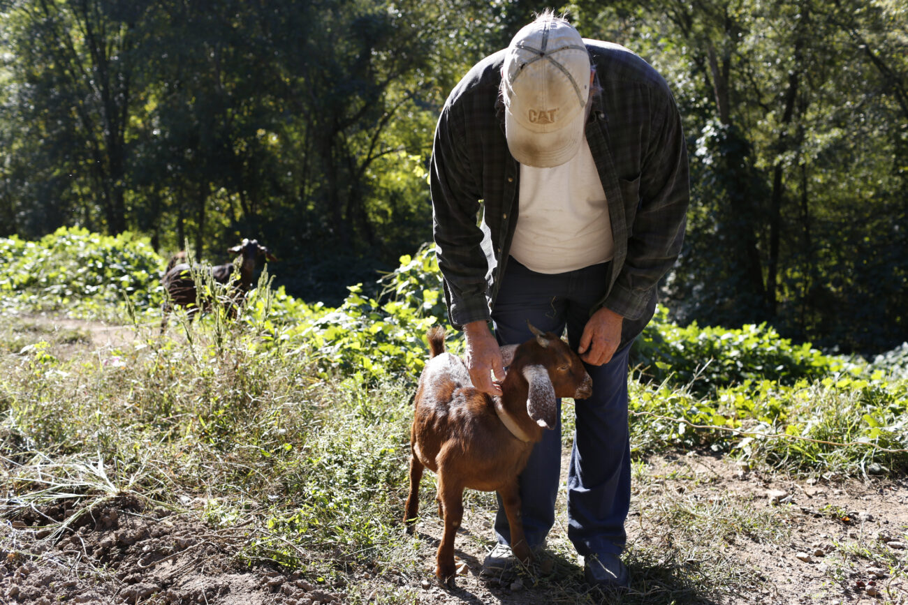 Boyd Asher pets his goat Daisy on Thursday, Oct. 10, 2013 in Hyden, Ky. Photo by Tessa Lighty