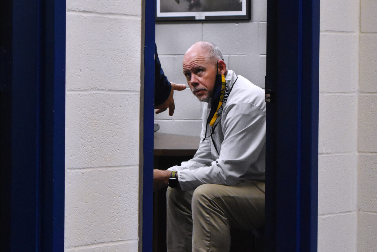Principal Chris Tracy sits in guidance counselors office to discuss a students behavior at Franklin County High School in Frankfort, Kentucky, on Friday, Oct. 15, 2021.