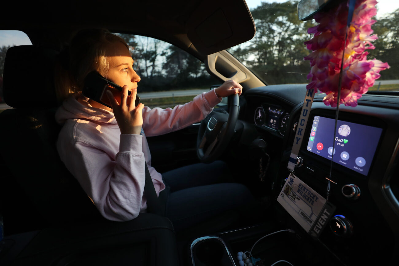 Taylor Cook calls her dad and Chief Operation Officer of Taylor Belles, John Cook, on her way to Lexington, Kentucky on Thursday, Oct. 14, 2021. Taylors dad has worked for her as her main business partner for the last month and a half.