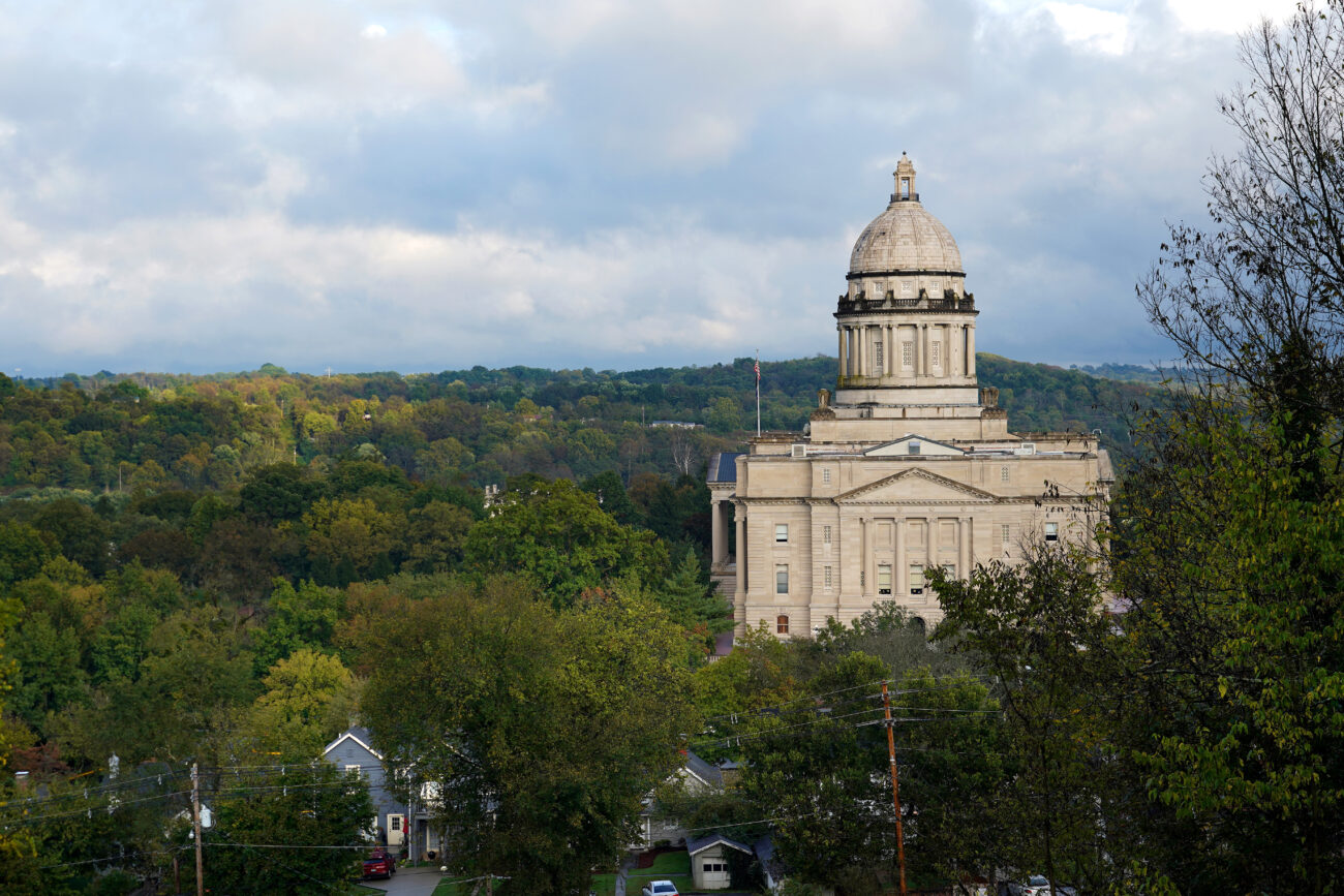 A thick blanket of clouds pass overhead above the capital building on Friday Oct. 15, 2021, in Frankfort, Ky. Photo by Kaitlyn Skaggs