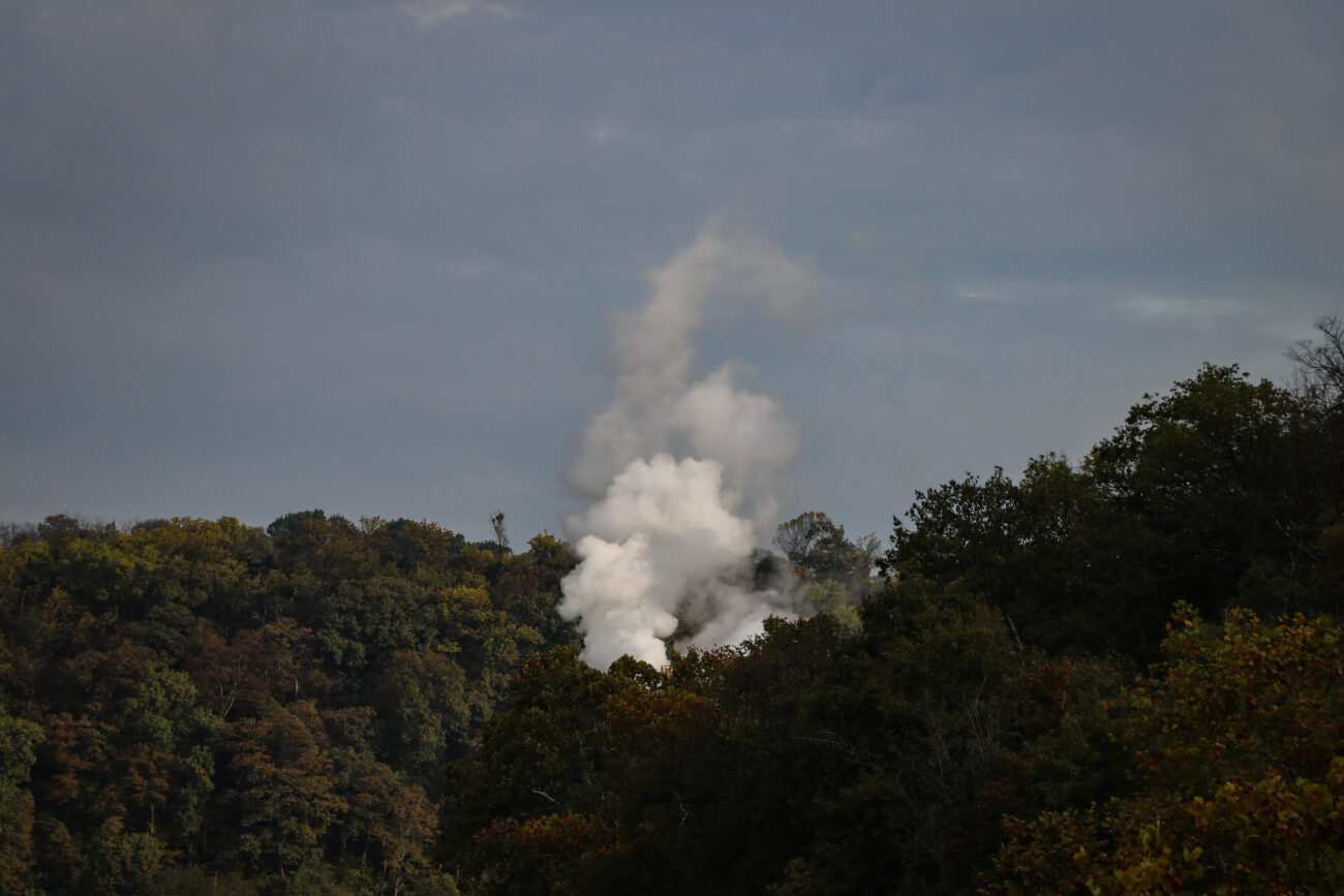 Steam rises above trees along the Kentucky River at the Buffalo Trace Distillery on Friday, Oct. 15, 2021, in Frankfort, Kentucky.