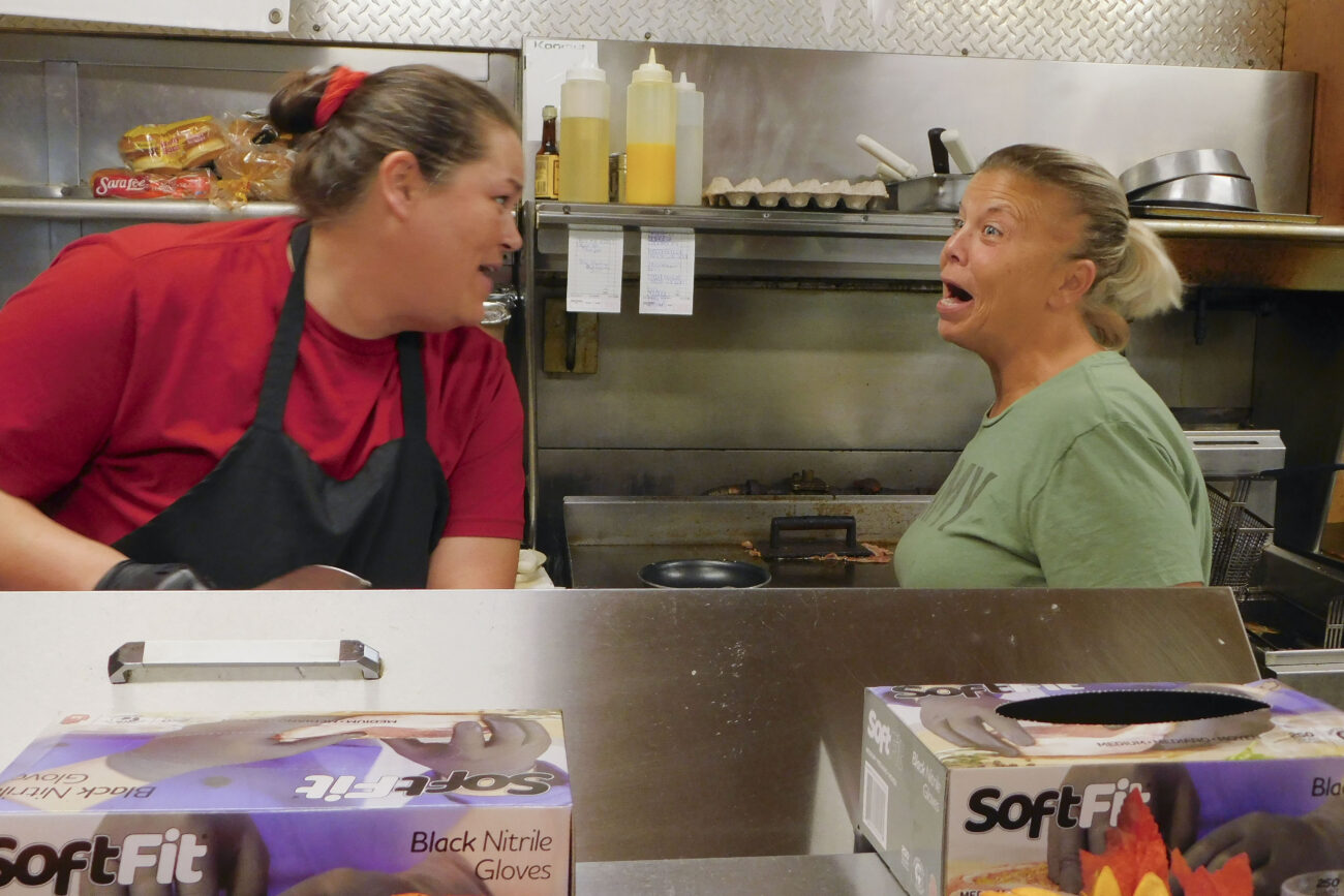 Gina Ellis, right, laughs at a remark from Traci McGranahan at the Cliffside Diner on Highway 420 in Frankfort, Kentucky. Photo | Austin Collier