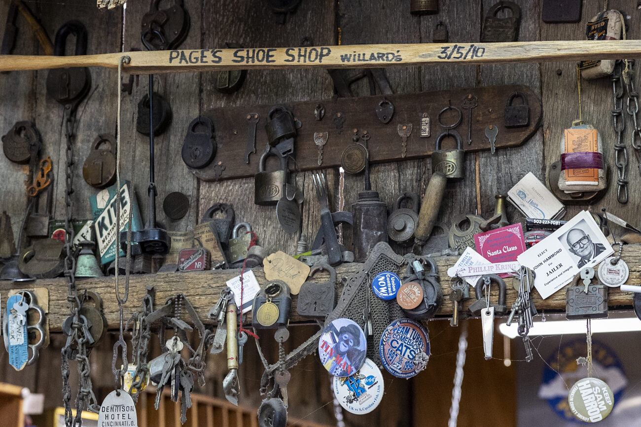 Locks and other antique items hang from the wall at Page’s Shoe Repair in Frankfort, Kentucky, on Thursday, October 6, 2022.