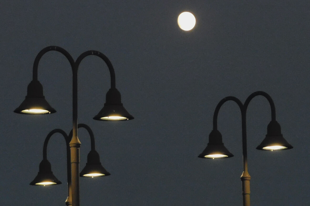 The moon rises over lampposts at the Harold R. Benson Research and Demonstration Farm in Frankfort, Kentucky, Friday, Oct. 7, 2022.