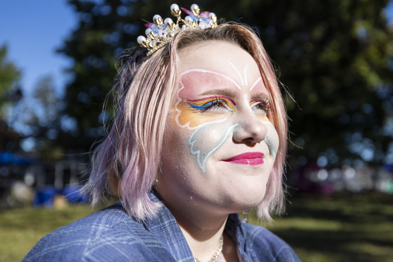 Gaby Mcaliley smiles at the Capitol Pride Festival
on Saturday, Oct. 8, 2022, on the Old Capitol Lawn in Frankfort, Kentucky.