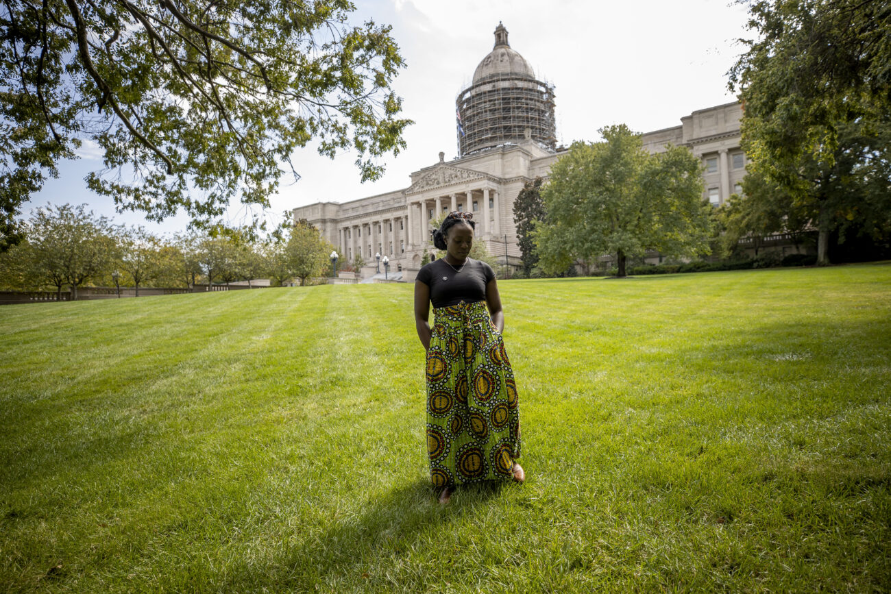 Katima Smith-Willis, a local human rights advocate, walks upon the grounds of the Kentucky State Capitol in Frankfort, Kentucky, on Thursday, Oct. 6, 2022. Photo by Martha McHaney.