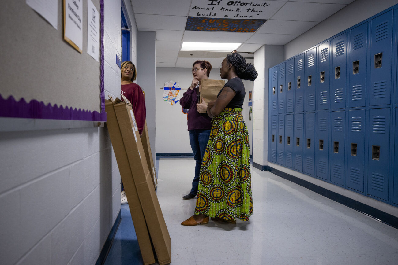 Katima Smith-Willis and fellow activist Elizabeth Treblhorn assist in the logistics of the evening forum at the Frankfort High School in Frankfort, Kentucky on Thursday, Oct. 6, 2022. Photo by Martha McHaney.