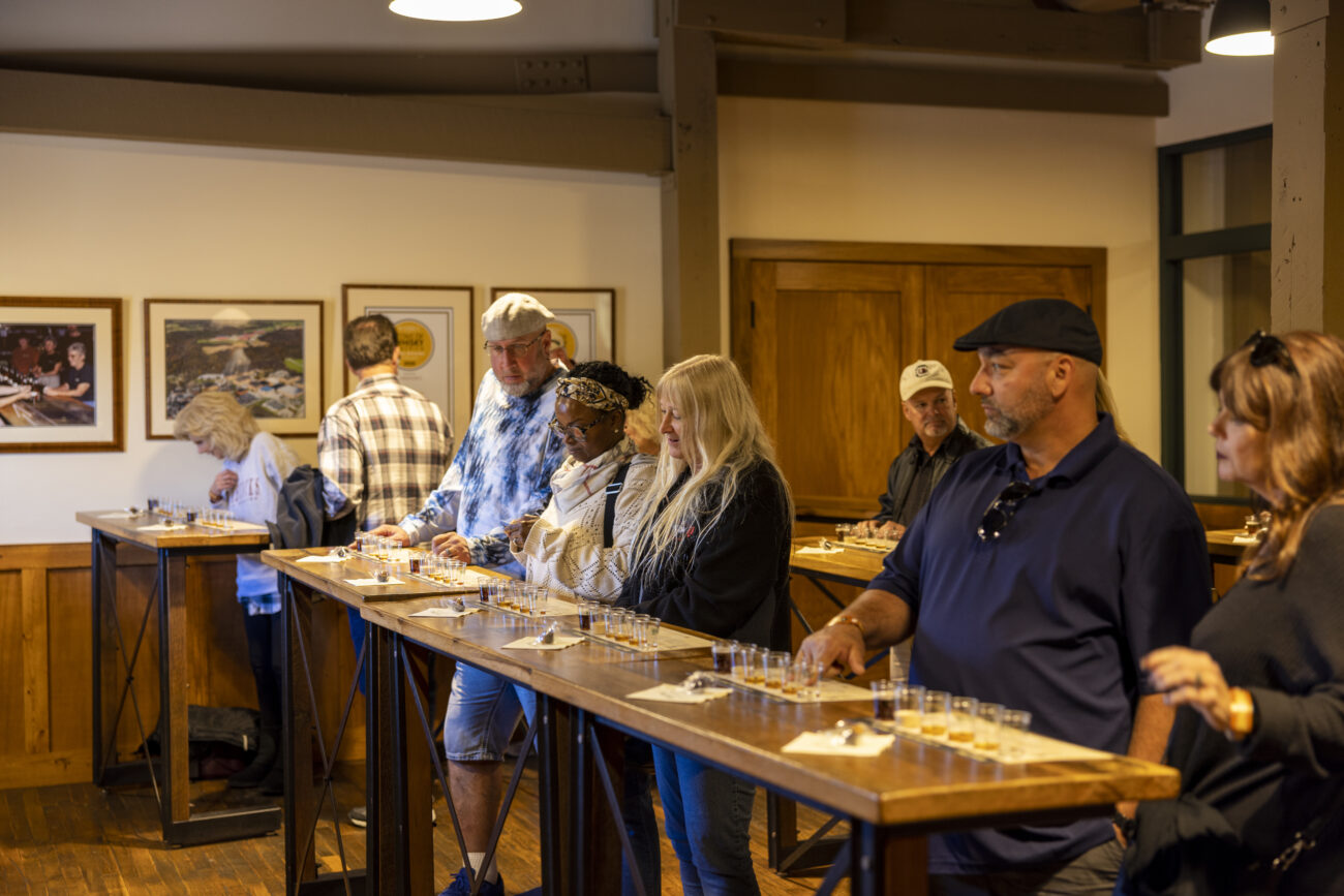 Vistors of the tour getting ready to taste the multiple drinks they serve for the tasting on Friday Oct 7, 2022, at the Buffalo Trace Distillery in Frankfort, Kentucky. Photo by Michael Smallwood
