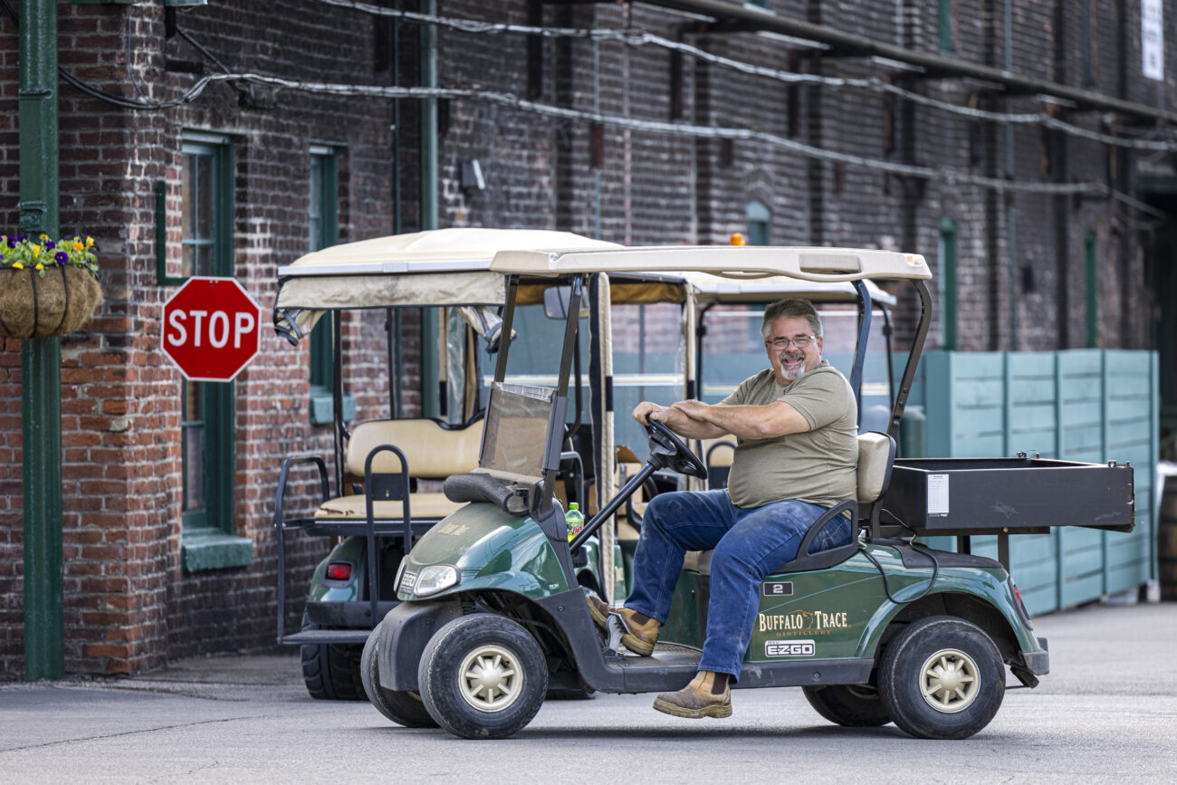 Buffalo Trace employee gives directions to a visitor on Friday Oct 7, 2022, at the Buffalo Trace Distillery in Frankfort, Kentucky. Photo by Michael Smallwood